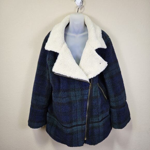 Faherty Montana Faux Shearling Coat Plaid Asymmetric Zip Moto Blue Sherpa XL - Picture 9 of 16